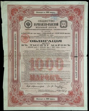Towarzystwo Drogi Żelaznej Warszawsko-Wiedeńskiej, 4% obligacja 1.000 marek 1901, seria X