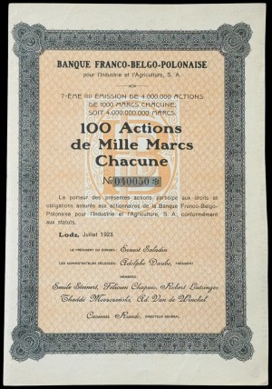 Bank Francusko-Belgijsko-Polski dla Przemysłu i Rolnictwa S.A., 100 x 1.000 mkp 1923, Emisja VII (II)