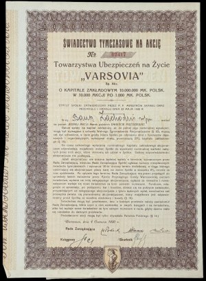 Towarzystwo Ubezpieczeń na Życie „Varsovia” S.A., świadectwo tymczasowe na akcję, 1920