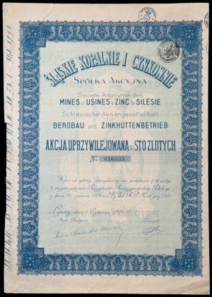 Śląskie Kopalnie i Cynkownie S.A., 100 zł 1924, uprzywilejowana + dokument