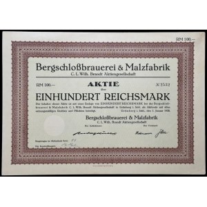Zielona Góra, Bergschloßbrauerei & Malzfabrik C. L. Wilh. Brandt Aktiengesellschaft, 100 Reichsmark 1928