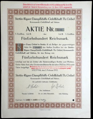 Szczecin, Stettin-Rigaer Dampffchiffs-Gesellschaft: Th. Gribel., 1,500 Reichsmark 1922