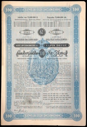 Galician Railway of Karl Ludwig, 4% bequest of debt of 100 zlotys 1890