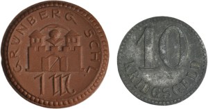 Set, Grünberg in Schlesien and Swinemünde, 10 Pfennigs and 1 Mark (2 pcs.)