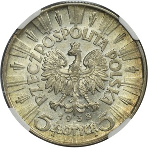 Piłsudski, 5 złotych 1938 - NGC AU58