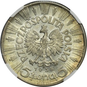 Pilsudski, 5 gold 1938 - NGC AU58
