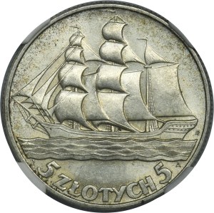 Żaglowiec, 5 złotych 1936 - NGC MS62