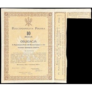 5% Państwowa Pożyczka Konwersyjna 1924, obligacja 10 zł z fragmentem pierwotnego arkusza kuponowego