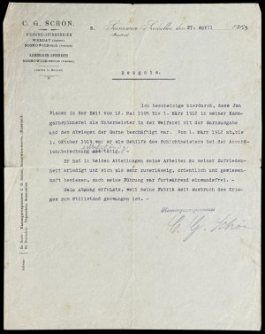 C. G. Schon, Sosnovice, labor certificate 1915.