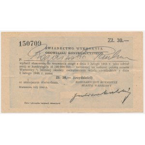 Warszawa, Świadectwo wykonania obowiązku kontrybucyjnego o wartości 30 zł 1944 - wydane