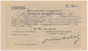 Warszawa, Świadectwo wykonania obowiązku kontrybucyjnego o wartości 30 zł 1944 - wydane