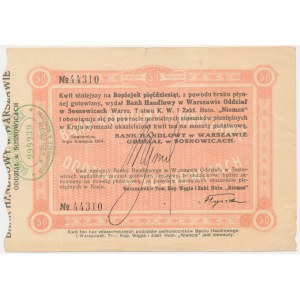 Sosnowice, Bank Handlowy, Warszawskie Tow. Kopalń Węgla i Zakł. Hutn. Niemce, kwit na 50 kopiejek 1914