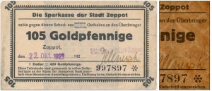 Sopot, Sparkasse der Stadt, 105 Goldpfennige 1923 - non effacé