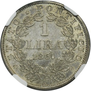 Papal State, Vatican, Pius IX, 1 Lira Rome 1867 R - NGC MS64