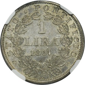 Papal State, Vatican, Pius IX, 1 Lira Rome 1867 R - NGC MS64