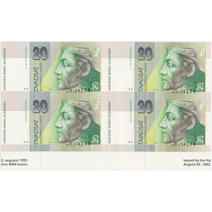 Słowacja, nierozcięty arkusz 20 koron 1993 (4 szt.)