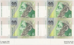 Slovaquie, feuille non coupée de 20 couronnes 1993 (4 pièces)