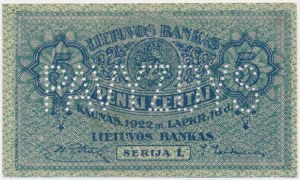 Lithuania, 5 Centai 1922 - SPECIMEN -