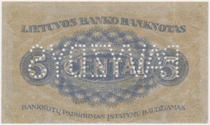 Lithuania, 5 Centai 1922 - SPECIMEN -