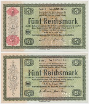 Allemagne, série de 5 reichsmarks 1933-34 - ENTWERTET-WERTLOS (2 pièces).