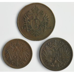 Set, Austria, Franz II and Franz Joseph I, 1 Heller, 2 Heller and 1/2 Kreuzer (3 pcs.)