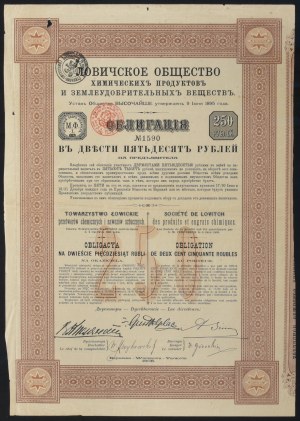 Towarzystwo Łowickie Przetworów Chemicznych i Nawozów Sztucznych, obligacja 250 rubli, 1908