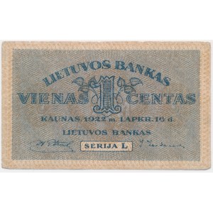 Lithuania, 1 Centas 1922 - Serja L -