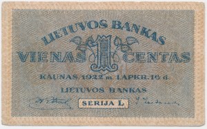 Lithuania, 1 Centas 1922 - Serja L -