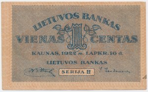 Lithuania, 1 Centas 1922 - Serja H -