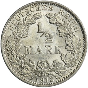 Germany, German Empire, Wilhelm II, 1/2 Mark Hamburg 1912 J