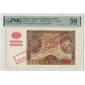 100 złotych 1934(9) - Ser. AV. - znw. kreski na dole - fałszywy przedruk okupacyjny - PMG 58