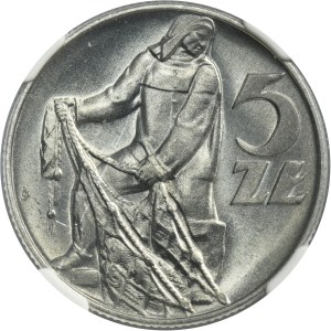 5 złotych 1960 Rybak - NGC MS66 - zdwojenie na rewersie