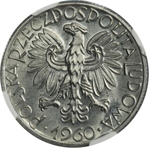 5 złotych 1960 Rybak - NGC MS66 - zdwojenie na rewersie