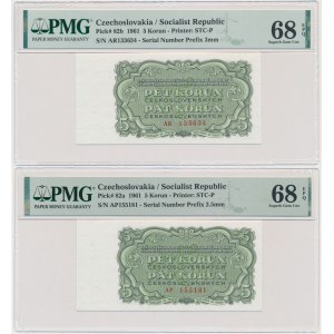 Lot, Czechoslovakia, 5 Korun 1961 - PMG 68 EPQ (2 pcs.) - low and high font in the serial number