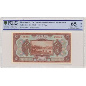 Chiny, The Chinese Italian Banking Corporation, 5 yuanów 1921 - PCGS 65 OPQ
