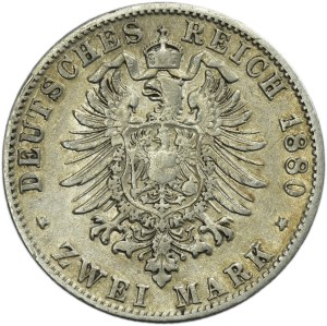 Allemagne, Grand-Duché de Bade, Frédéric II, 2 marques Karlsruhe 1880 G - RARE