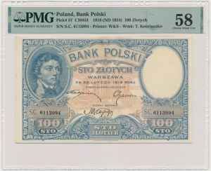 100 złotych 1919 - S.C. - PMG 58 - ŁADNY