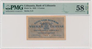 Lithuania, 1 Centas 1922 - PMG 58 EPQ