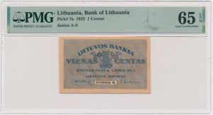 Lithuania, 1 Centas 1922 - PMG 65 EPQ