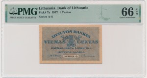 Lithuania, 1 Centas 1922 - PMG 66 EPQ