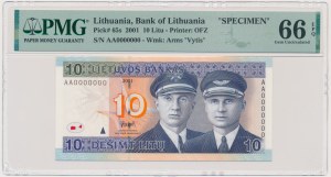Lithuania, 10 Litu 2001 - SPECIMEN - AA 0000000 - PMG 66 EPQ
