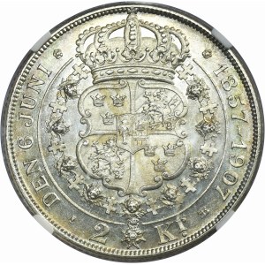 Sweden, Oscar II, 2 Kronor Stockholm 1907 - 50th wedding anniversary of King Oscar II and Sophia - NGC MS63