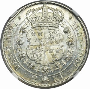 Sweden, Oscar II, 2 Kronor Stockholm 1907 - 50th wedding anniversary of King Oscar II and Sophia - NGC MS63