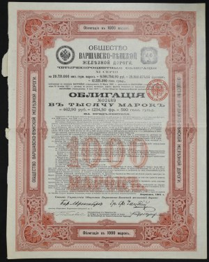 Towarzystwo Drogi Żelaznej Warszawsko-Wiedeńskiej, 4% obligacja 1.000 marek 1901, seria XI