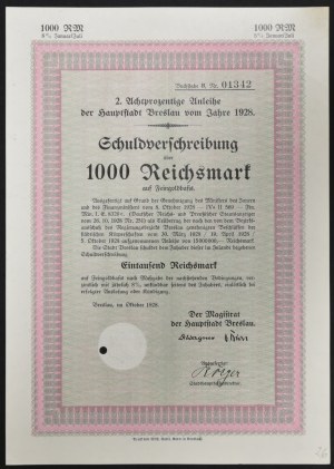 Wrocław, druga 8% pożyczka z roku 1928, obligacja 1.000 marek