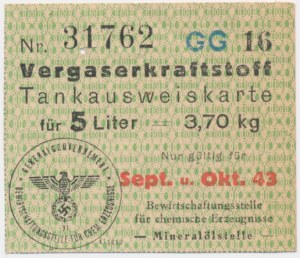 Okupacja, kartka na 5 litrów paliwa na wrzesień-październik 1943 r.