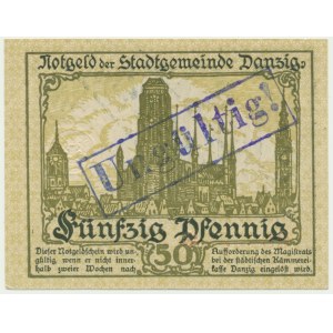 Gdańsk, 50 fenigów 1919 - zielony - UNGULTIG - rzadki stempel