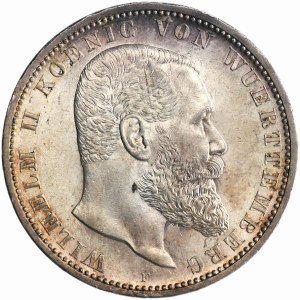Germany, Kingdom of Württemberg, Wilhelm II, 5 Mark Stuttgart 1908 F