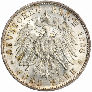 Germany, Kingdom of Württemberg, Wilhelm II, 5 Mark Stuttgart 1908 F