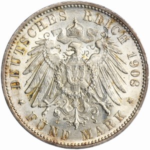 Germany, Kingdom of Württemberg, Wilhelm II, 5 Mark Stuttgart 1908 F